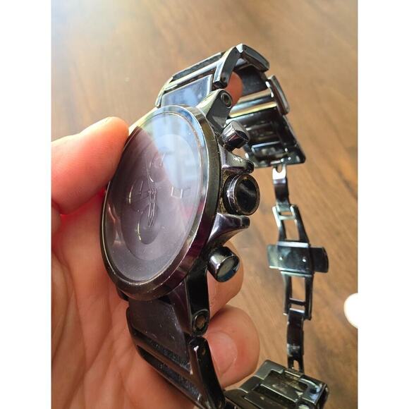 Vintage Vestal Mens Watch Plexi Acetate Black Silver Stainless Dress Rare! - Picture 9 of 16